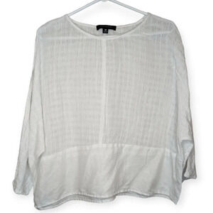 Tahari White Linen & Cotton Blend Bat Wing Long Sleeve Top Women Medium